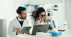 science-team-people-tech-lab-with-microscope-research-medical-study-dna-analysis-healthcare-biology-man-with-woman-laptop-tablet-forensic-report-discovery