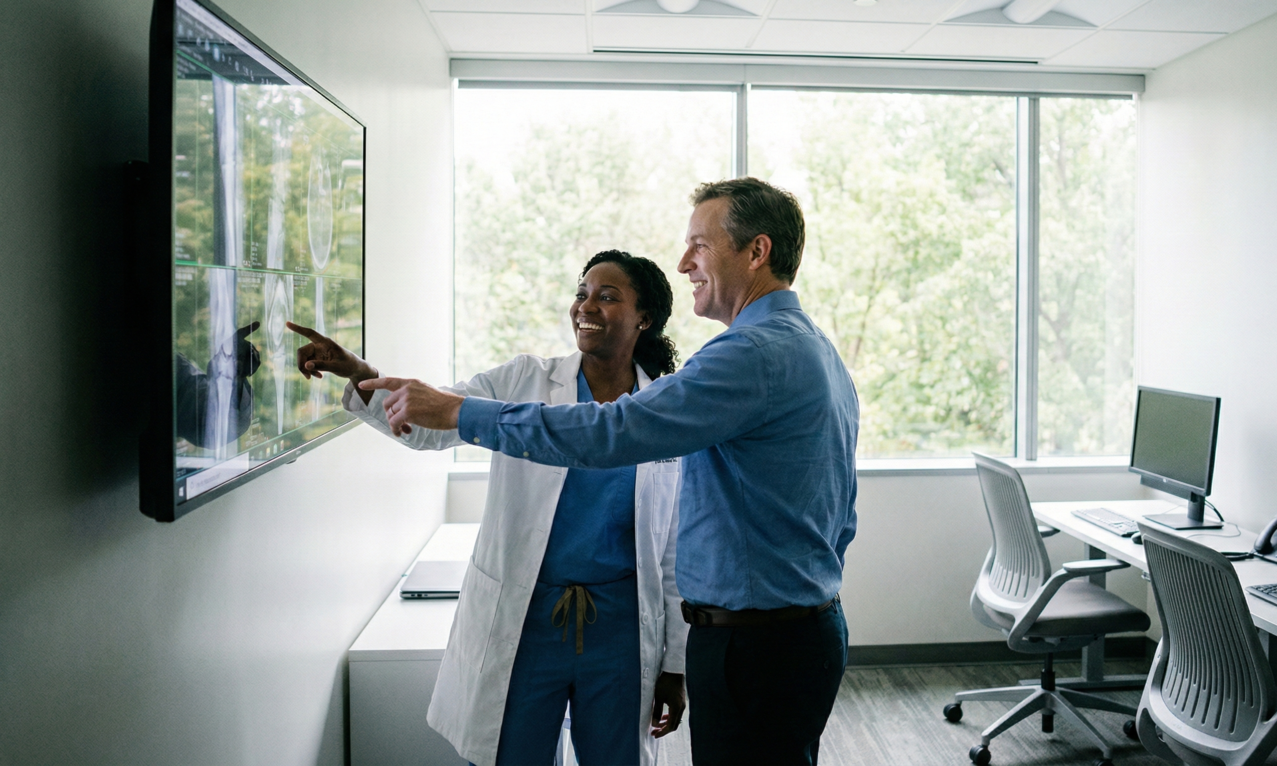 Clinical team reviewing imaging on a wall display